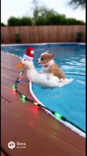 "Call Duck Carrying a Little Corgi on Its Back! Super Cute Scene Racing Around the Pool #dog #cute