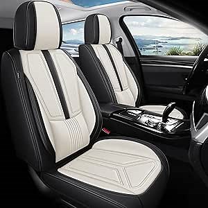otoez Car Seat Covers Full Set, 5 Seats Nappa Leather Seat Cover for Car Seden SUV Truck, Waterproof Automotive Seat Cover Full Coverage Front and Rear Seat Protector, Black & White