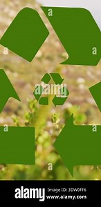 Animation of recycling, sustainability and ecology icons over landscape. Ecology, sustainability and data processing concept digitally generated video