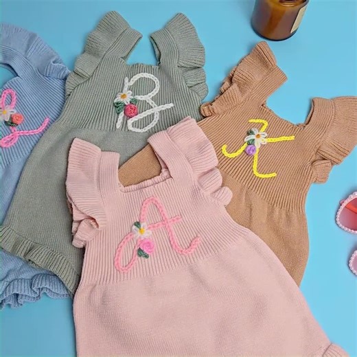 Hand Embroidered Initial Baby Romper: Custom Knit Jumpsuit - Etsy