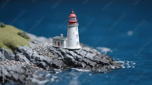 Miniature Lighthouse on Rocky Coast with Blue Ocean Water