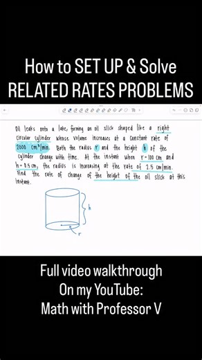 Professor V 👩‍🏫 on Instagram: "Related rates problems feel intimidating because of the setup, not the calculus. In this clip, I’m working through an AP Calculus–level related rates problem and showing how to organize the information before differentiating. If you’re in Calculus 1, AP Calculus AB or BC, this exact type of setup shows up every year. ➡️ Full walkthrough on my YouTube: Math with Professor V Xoxo, Professor V #RelatedRates #APCalculus #APCalcAB #APCalcBC #CalculusHelp #MathTeacher 