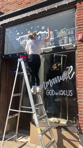 Hannah Moody on Instagram: "It’s the CHRISTmas season! If you’re in Franklin, Tennessee this weekend for the Dickens of a Christmas, be sure to stop by @shopimagodei to see this window art and shop! Tag me if you do! 🤍 . This was my first time painting in front of a high foot traffic area. No pressure 😅 but seriously, the conversations and comments were so life giving. Thank you Jesus! . Storefronts featured on the building sketch are, Tecovas, The Franklin Theatre, Gray’s on Main, Imago Dei, 