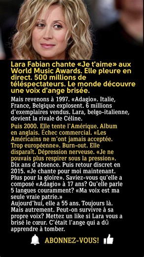 Lara Fabian: « Adagio » la rend star... puis elle disparaît 10 ans
