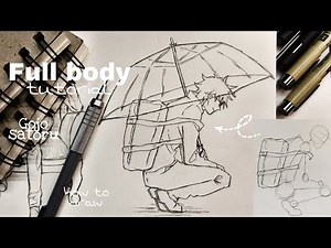 How to draw gojo satoru full body in sitting pose easy tutorial step by step | anime drawing