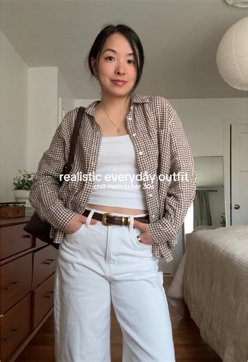 Part 10 | realistic everyday outfit as a chill mom in her 30s. My go to outift formula: monochromatic base with a button up shirt and matching color accessories 🤎🤍 Thanks @Brishna Sheikh for putting me on this gap gingham shirt!! Gap’s also having their 40% friends & family sale right now. Use code BEST for additional savings 😘 @Gap @Aritzia @madewell #everydayoutfit #casualstyle #momstyle #simpleoutfit #minimaloutfit