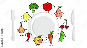 Cartoon animation set of dancing fruits and vegetables around a serving plate with knife and fork isolated on a white background. 4k