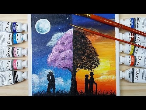 Acrylic Painting Tutorial #6 - Half & Half - Night & Sunset Lovely Couple