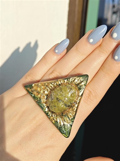 Sacred Unakite Amulet • Ancient Ascension Ring • Golden Triangle Sculpture • Geometric Jewelry • Identity Ritual - Etsy