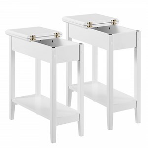 Flip Top Narrow End Table with Storage, Narrow Side Tables for Small Spaces, Slim End Table with Storage Shelf, Sofa Table for Bedroom, Living Room, Set of 2 - White