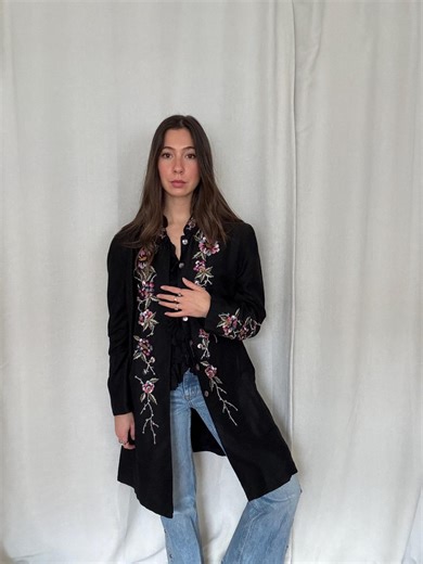 Mandarin Collar Embroidered Silk Blend Longline Jacket - Floral Boho Duster in Black - Size XL - Etsy