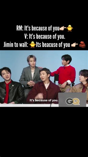 💕BTS Members “You’re the reason our songs are high pitched. Jimin’s response is so cute & funny😁🤭 BTS Reply to Fans Online - GQ Magazine Interview! What is BTS’ new aesthetic going to be like? 🐥: Isn’t it just this? (Shows their new look)🤭😁 🐿️: I think BTS songs are really high-pitched. 🐨: And the main reason for that is this guy. 🐥: It's stressful. Our songs are so high-pitched. It's a little ~ 🐨: It's because of you. 🐻: It's because of you. 🐥 It's because of you (to wall). JIMIN WA