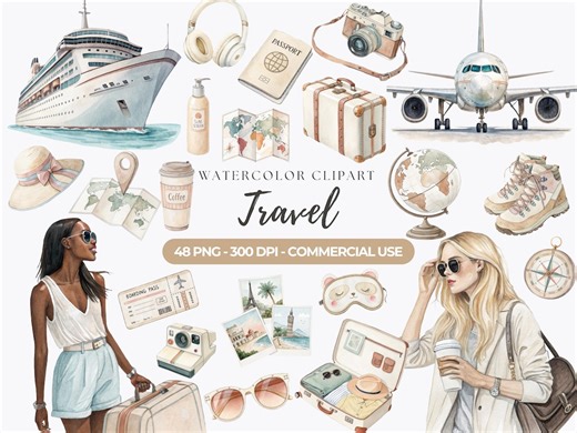 Watercolor Travel Clipart, Vacation PNG, Boho Travel Graphics, Tourism Clipart, Suitcase, Airplane, Luggage, Travel Planner, Commercial Use - Etsy Singapore
