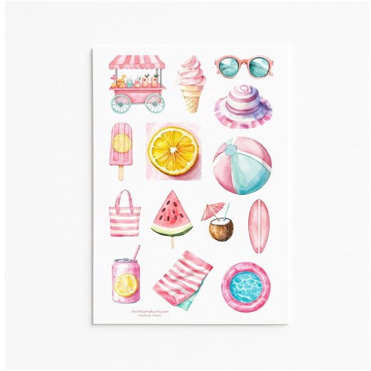Pink Summer Sticker Set Pool Party Beach Planner Journal Scrapbook