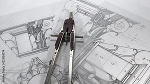 blueprints - architectural drawings - detail column, compass / seamless looping Stock Video