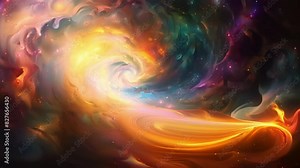 A painting of a nebula with swirling colors and patterns symbolizing the cosmic unification of two powerful forces electromagnetism and the weak force.