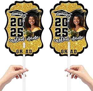 Personalized Graduation Double Sided Face Fan Class of 2026 Customized Graduation Head Face Cutout Party Supplies(Black and Gold,12pcs)