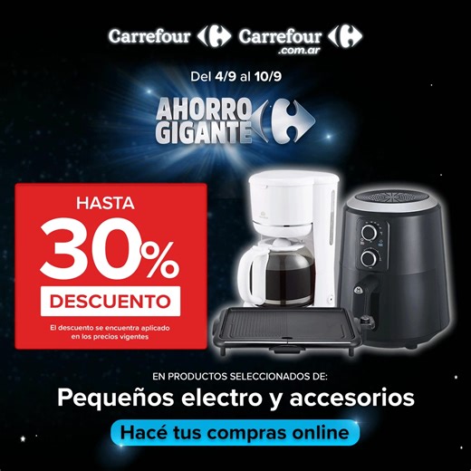 🥳 Comprá y ahorrá en Carrefour Online 🥳 🙌 Hasta 12 cuotas sin interés y Hasta 20% de descuento en seleccionados de Electro ✨Hacé tu pedido sin moverte de tu casa, con la mejor calidad y al mejor precio✨ 👉Encontrá esta y más promos en Carrefour.com.ar hasta el 10 de septiembre: https://www.carrefour.com.ar/15738map=productClusterIds/&utm_source=ecom_whatsapp&utm_medium=canal_wp&utm_campaign=as-gigante-organico-nf | Carrefour