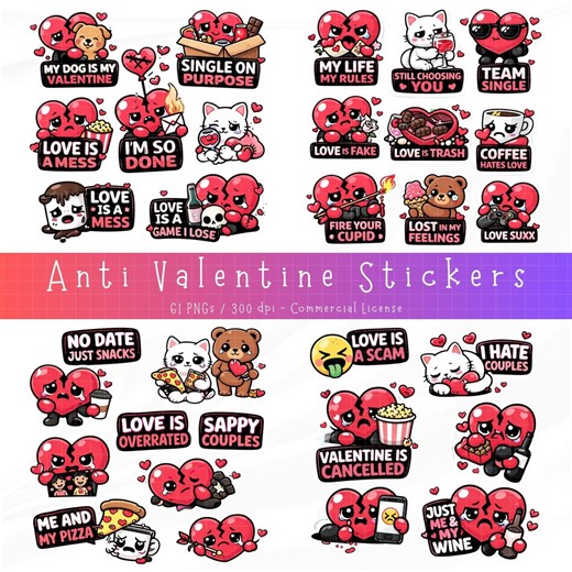 Funny Anti-valentine's Day Stickers, Single Life PNG Clipart Bundle (digital Download - Etsy
