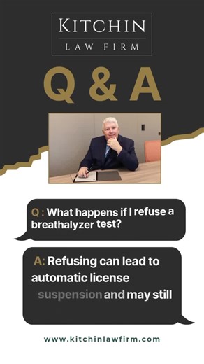 What happens if I refuse a breathalyzer test? 🚨 It's one of the most common and confusing questions after a stop. The tough answer is that refusing can lead to automatic license suspension and doesn't stop the police from pursuing DUI/DWI charges. If you refused a breathalyzer in Kansas or Missouri, you need a seasoned defense attorney immediately to fight both your criminal charge and the automatic license suspension. Don't wait! Your defense starts now. Call the Kitchin Law Firm for an expert