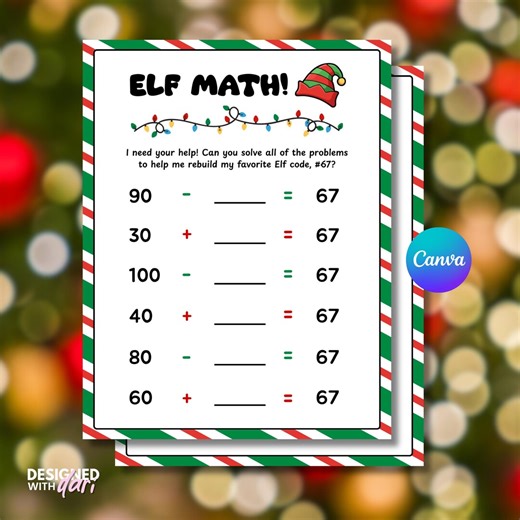 67 Elf Themed Math Worksheet Printable, Elf 67 Activity Sheet, 67 Math Problems for Christmas, Elf Arrival Props, Fun Worksheets for Kids - Etsy