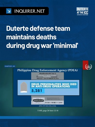Former President Rodrigo Duterte’s defense team maintains that the number of individuals killed during his administration’s bloody war on drugs was “minimal” compared with the number of arrests made. #duterte #icc #drugwar #philippines