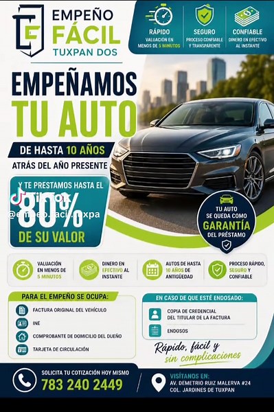 Empeño de autos en Tuxpan: presta hasta 80% del valor
