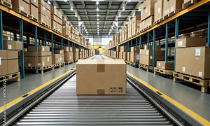 A bustling distribution center highlights automated conveyor systems as boxes move seamlessly along the line, showcasing modern logistics and efficient operations