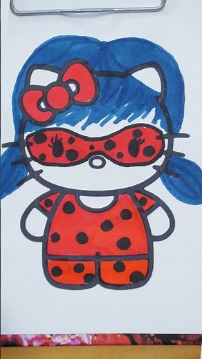 Ladybug Hello Kitty vs Cat Noir Hello Kitty Three markers challenge #shorts