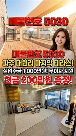 파주 조리읍 대원리 신축빌라 실입주금 천만 원으로 입주 가능한 마지막 테라스 3룸 매물