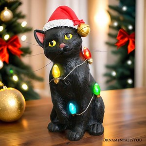 Festive Black Cat With LED Lights Figurine, 7" Cute Home Decor Statue - Etsy