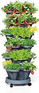 Strawberry Stackable Planters, Vertical Tower Garden, 6 Tiered Stacking Herb Vegetable Planters with Movable Casters and Bottom Saucer Indoor and Outdoor - Dark Grey
