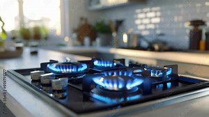 A modern kitchen in 4K UHD with a gas stovetop's burners ignited, showcasing a sleek design and vivid blue flames. The background includes kitchen utensils and a modern backsplash