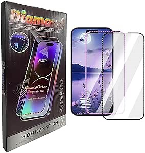 2 Pack Screen Protector for iPhone 15 Pro [6.1 inch],Diamond Bling Full Edge Coverage Tempered Glass,Easy Installation,Case Friendly Screen Protector[9H Hardness],HD Clear(1*Purple+1*Black)