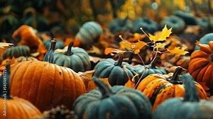 Pile of pumpkins and leaves. There are many pumpkins of different colors and sizes. Some of them are orange, while others are green. The leaves are scattered around the pumpkins, creating a colorful