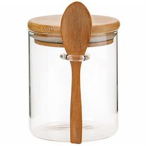 Recipient depozitare alimente, Quasar & Co.®, 450 ml, borcan de sticla cu capac etans si lingurita bambus, rotund, transparent - eMAG.ro
