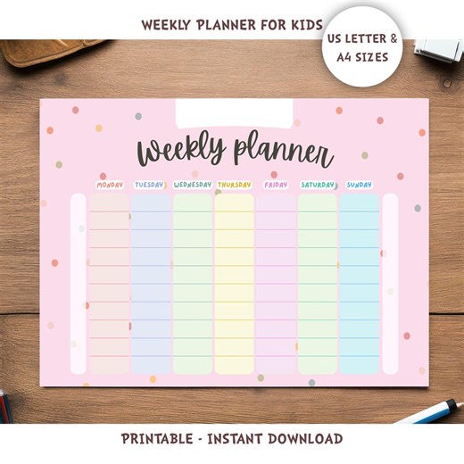 Kids Weekly Planner Printable | Pink Study & Routine Schedule | Canva Template - Etsy