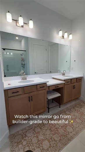 Watch this mirror go from builder-grade to beautiful ✨ No mirror removal. No complicated install. Just a custom frame and instant impact. Small change. Big difference. #mirrorframe #mirrormate #bathroommakeover #interiordesign #diyproject