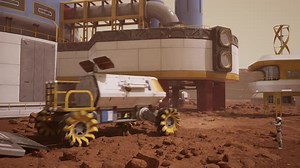 Rover Exits From Futuristic Sci Fi Cargo Spaceship Near Mars Base Settlement