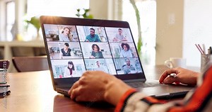 Business person, laptop and screen with video call for virtual meeting, online collaboration or interaction at home. Hands of employee in remote work for team webinar or group discussion on computer