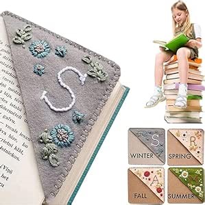 Personalized Hand Embroidered Corner Bookmark, 26 Letters Cute Flower Embroidered Corner Bookmark Embroidery Book Marker Clip for Book Lovers Bookmarks for Reading Lovers Meaningful GIF (Winter, S)