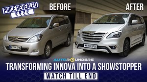 Next-level Innova modification with price reveal! 🔥 Check out the work details👇🏻 ✨ Modifications: ◼️ Type 1 Innova modified to Type 4 ◼️ Appx 18 brand new parts replaced ◼️ Full car painted in paint booth machine using German paint material ◼️ Colour changed to Crysta Silver ◼️ Projector headlights with DRL ◼️ LED bulbs in headlights ◼️ Mirrors with indicators ◼️ Alloys painted in Black ◼️ Premium interior customisation ◼️ Custom-made seat covers in premium quality composite leather ◼️ Spoile
