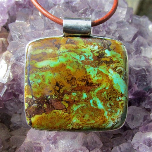 Large Turquoise & Silver Pendant on Leather Cord Necklace Handmade Gemstone Jewelry - Etsy