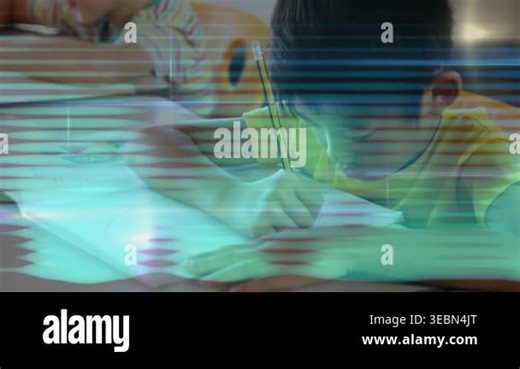 Student placing pencil on paper and writing while finishing class task, scanline overlaying scene. Pupil, classroom, yellow, striped, trio, desk, notebook Stock Video Footage - Alamy