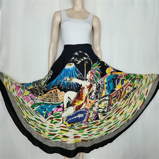 Vtg Aztec Mayan Ruins Scenery Circle Skirt SM Cotton Sequins - Etsy