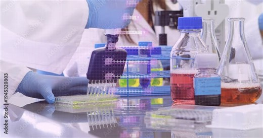Lab technician gripping 8-channel pipette and filling 96-well plate with green reagent for assay