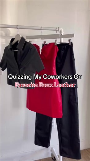 7.8K views · 24 reactions | Quizzing my coworkers on some Faux Leather Favorites  Click the link in bio to shop the collection  Featuring the Avril in red, the Laney in black, and the Jordan Cargo Pants ✨ #quizzingmycoworkers #namethis #fauxleather #leatheroutfit #bestselling #dresses #threads #coworkers #quiz #quizzing #test #fungame #fashion #styleinspo #fallfashion | American Threads | Facebook