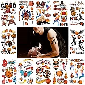 Basketball Tattoos Temporary for Kids Boys and Girls Birthday Party Favors 12 Sheets, Waterproof Brownball Sports Team Game Face Stickers Gift Bag Fillers Rewards Halloween Christmas Prizes