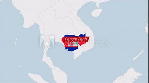 Cambodia map highlighted in Cambodia flag colors and pin of country capital Phnom Penh.