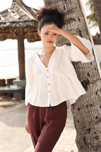 Linen Button Down Top SANIBEL, V-neckline Linen Blouse, Minimalist Linen Blouse, Custom Top, Linen Tops for Women, Plus Size Linen Shirt - Etsy